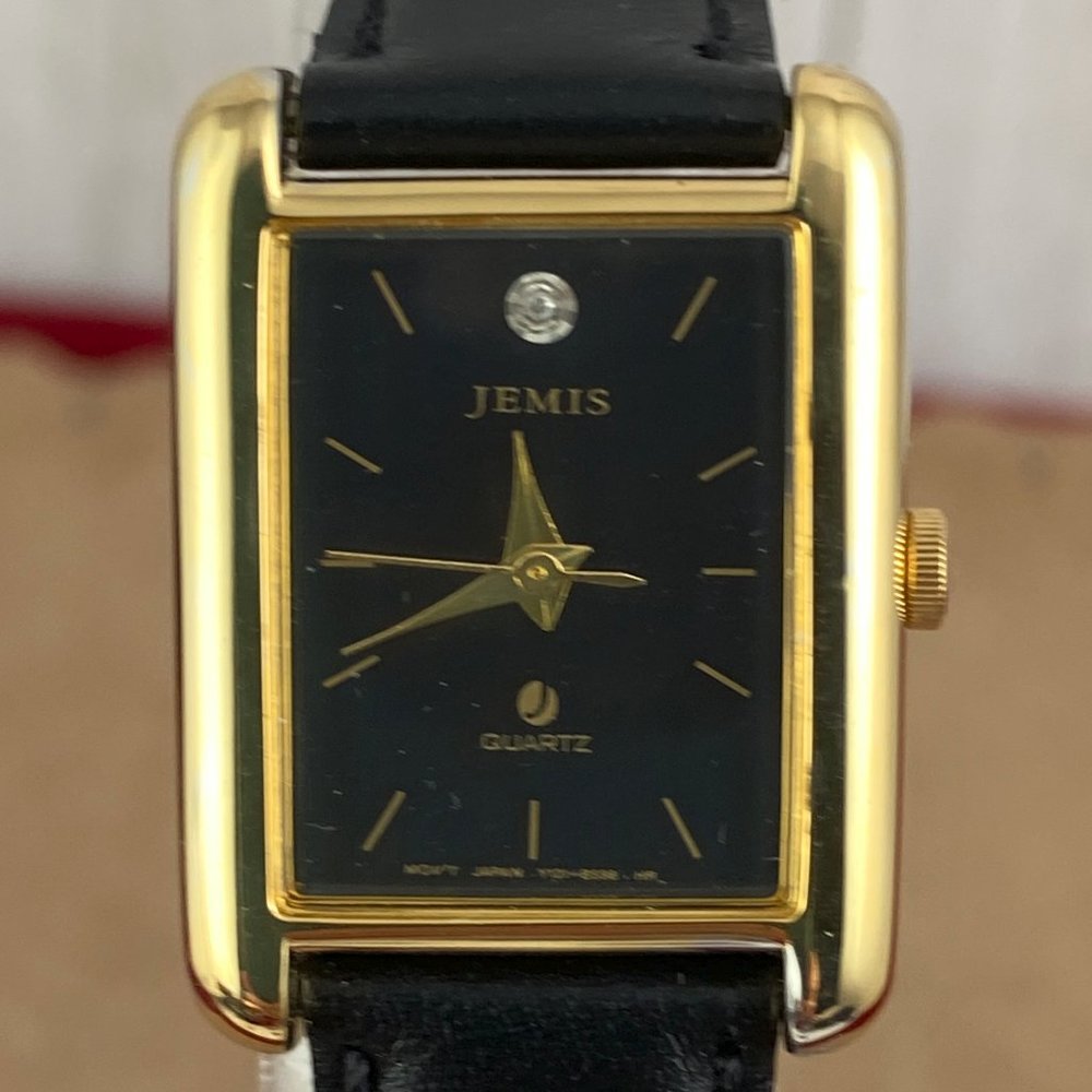 Vintage Jemis Tank Shaped Ladies Diamond Accent Black Dial Gold Plated Watch